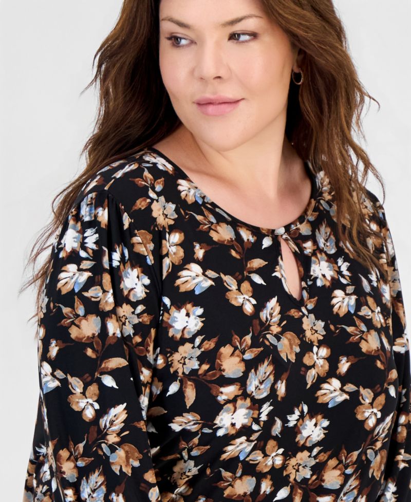 Plus Size Keyhole-Neck Long-Sleeve Knit Top
