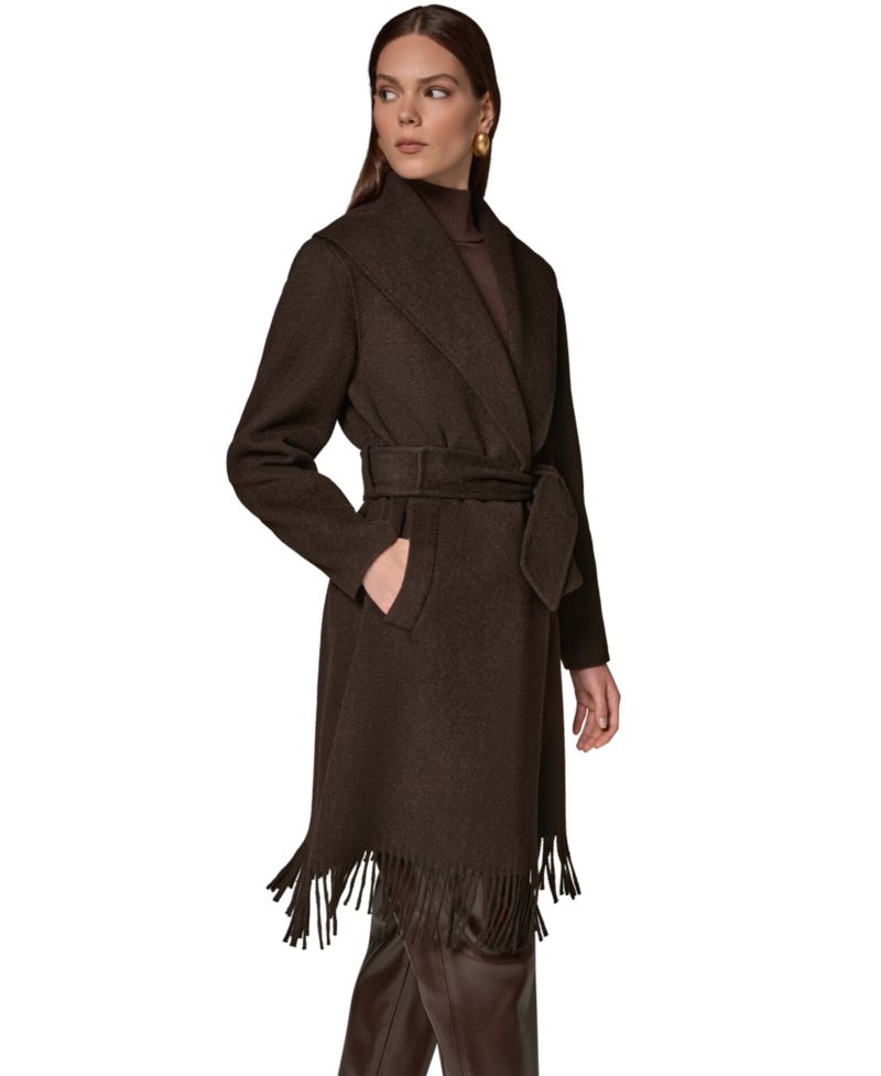 Women's Belted Fringe Wool-Blend Shawl-Collar Mid-Length Coat