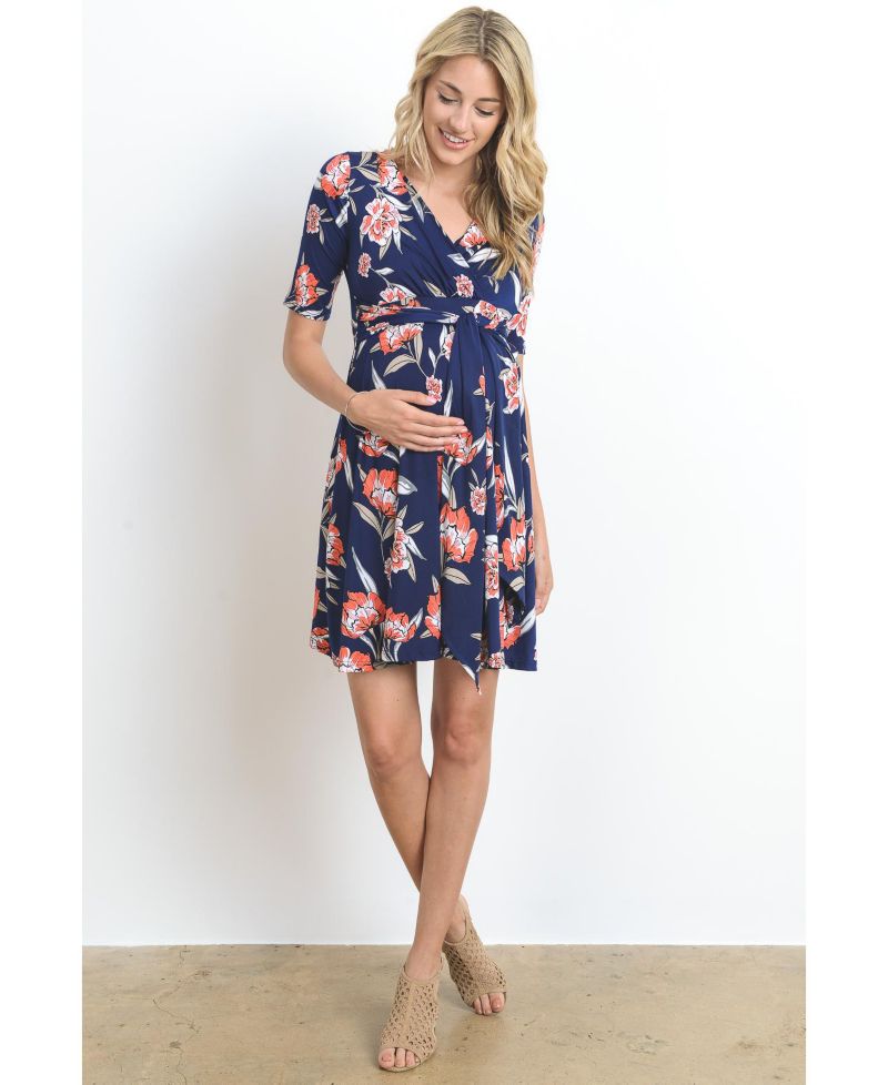Women's V-Neck Floral Wrap Nursing Dress with Tie Waist