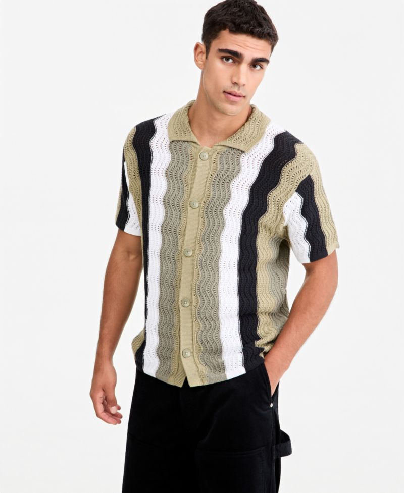 Men's Lightweight Open-Knit Wave Polo Sweater