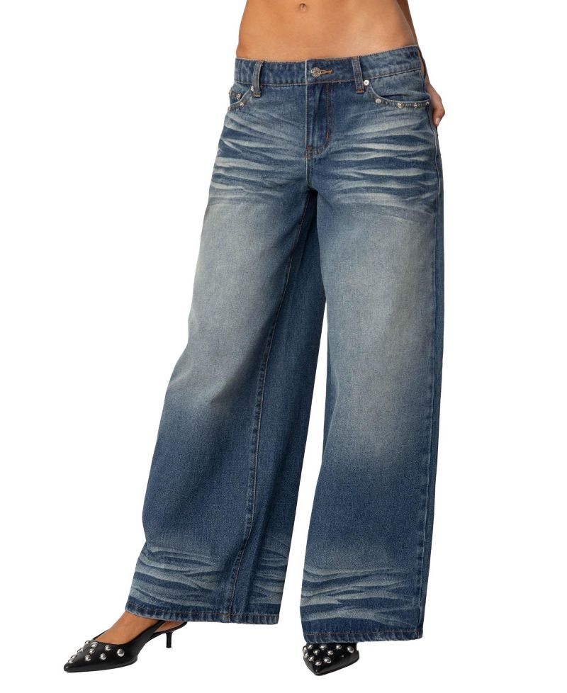 Women's Faux Leather Pocket Low Rise Baggy Jeans