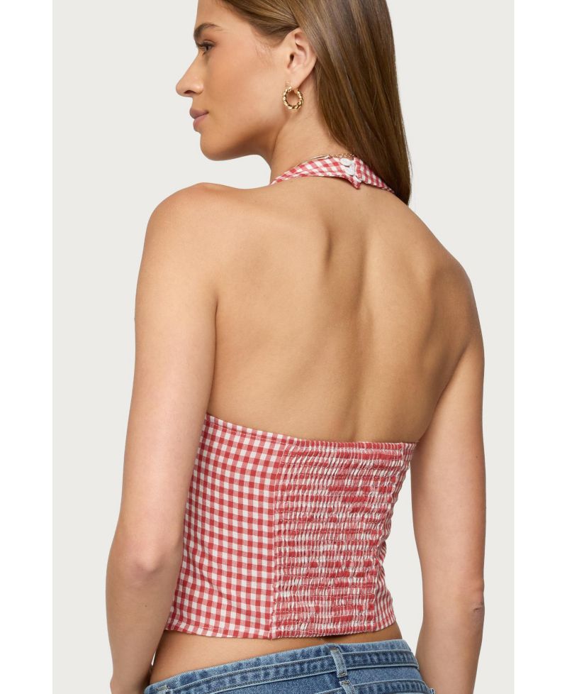 Womens Evan Gingham Button Up Halter Top