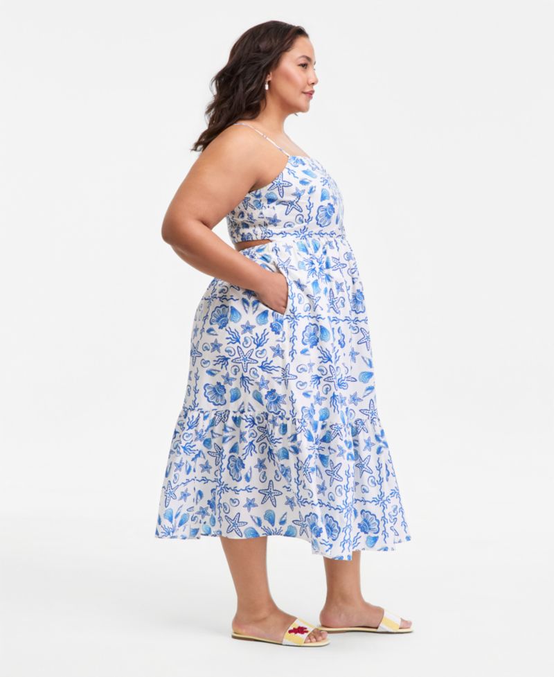 Plus Cotton Poplin Back-Cutout Tiered Midi Dress