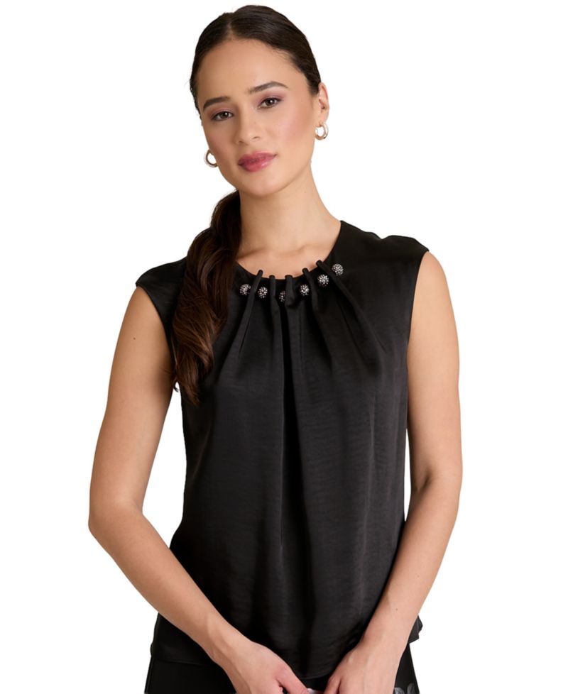 Women's Tucked Beaded Crew Neck Top