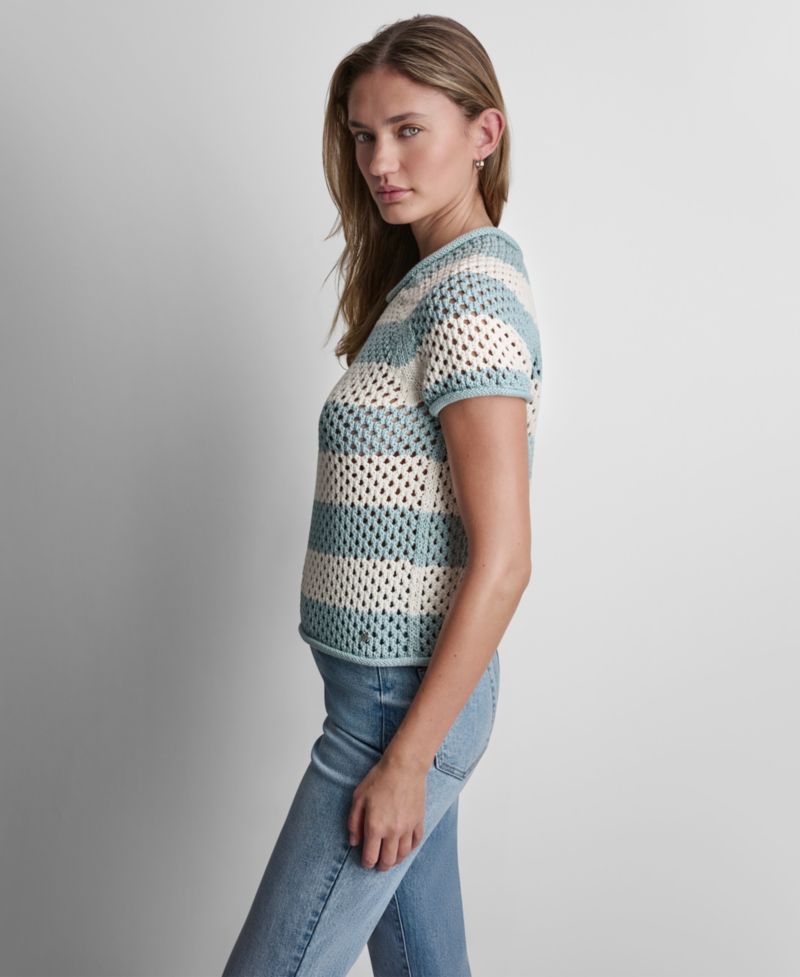 Petite Short-Sleeve Raglan Stripe Crewneck Pointelle Sweater