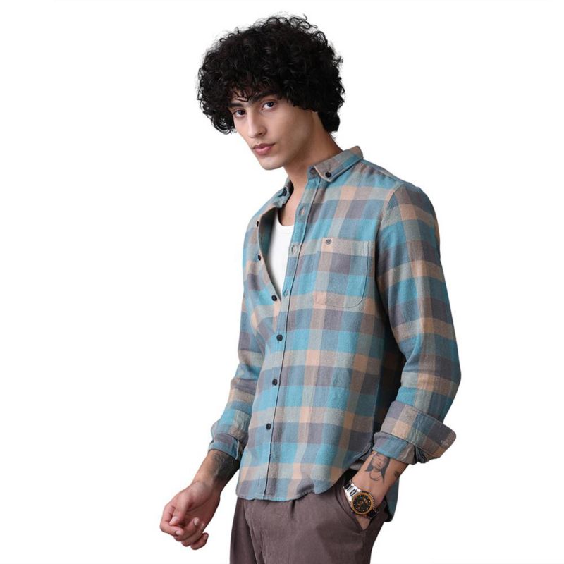 Men's Sky Blue & Ecru Beige Block-Buffalo Regular Shirt