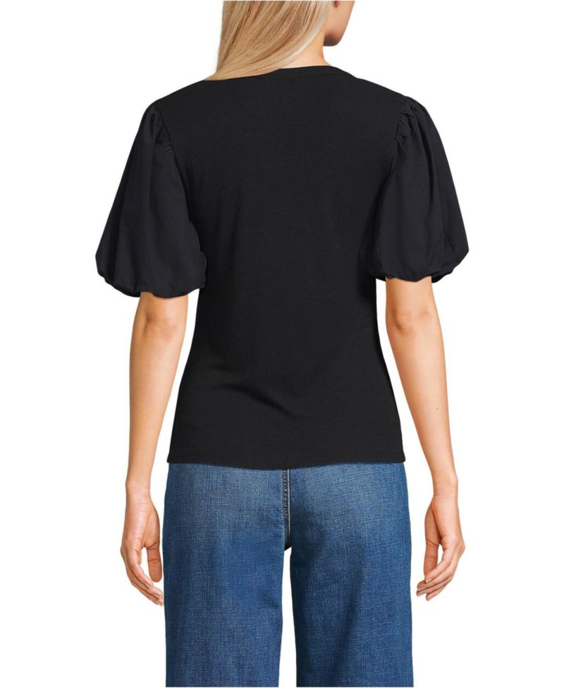 Women's Petite Drapey Rib Puff Sleeve Scoop Neck Top