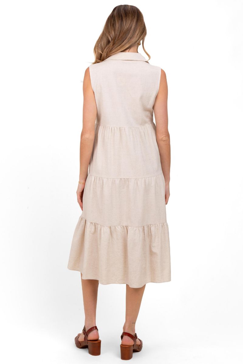 Women's Cream Tiered Sleeveless Midi Shirt Dress