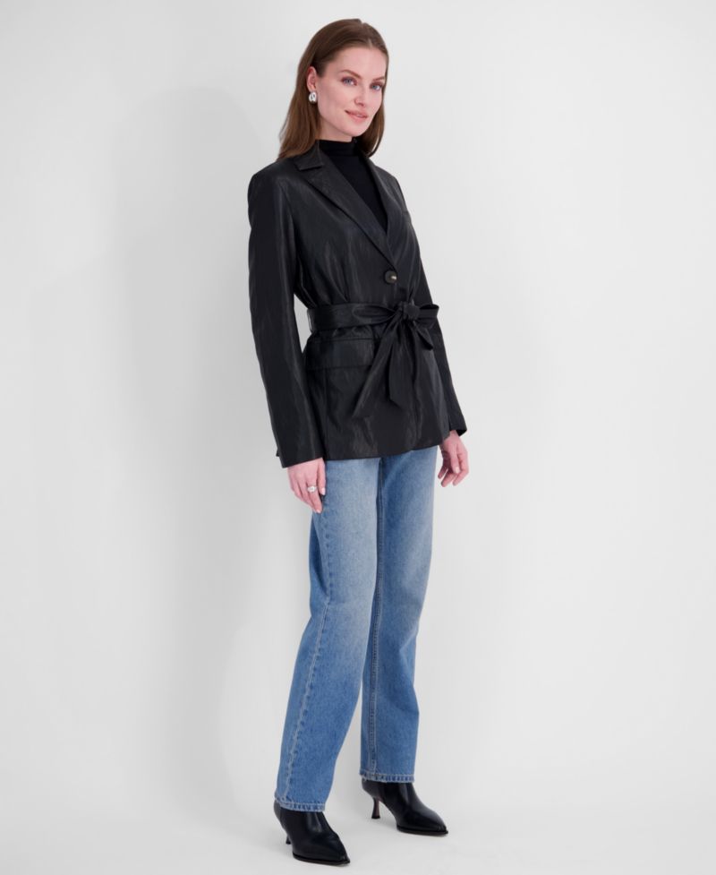 Women's Belted Faux Leather Trench Jacket