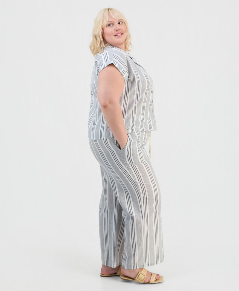 Trendy Plus Size Cap-Sleeve Shirt & Drawstring Pants Set