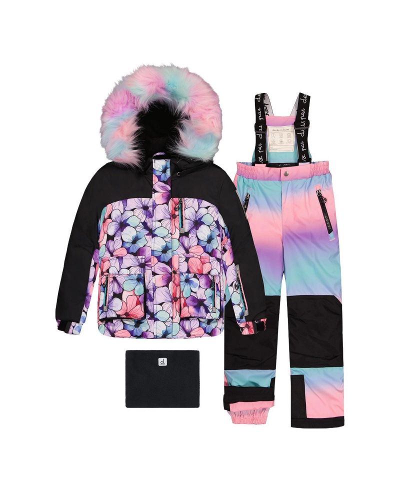 Little and Big Girl (6-14) Two Piece Play Snowsuit Floral Print with Gradient Pants