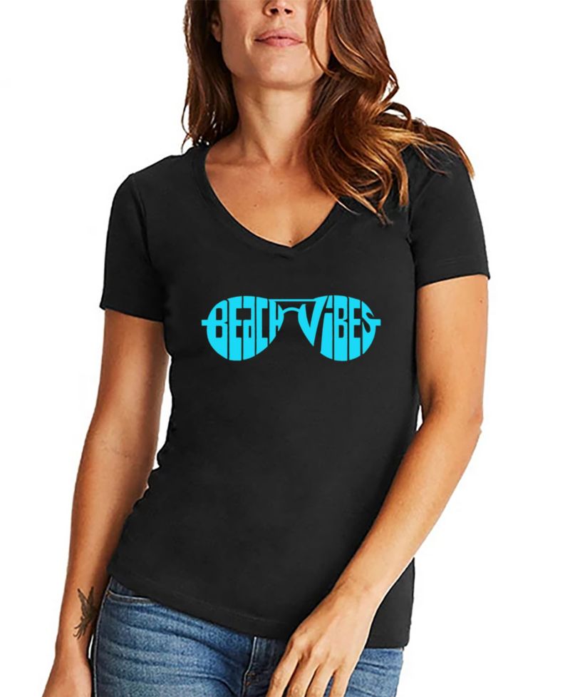 Women's Beach Vibes Word Art V-Neck T-Shirt