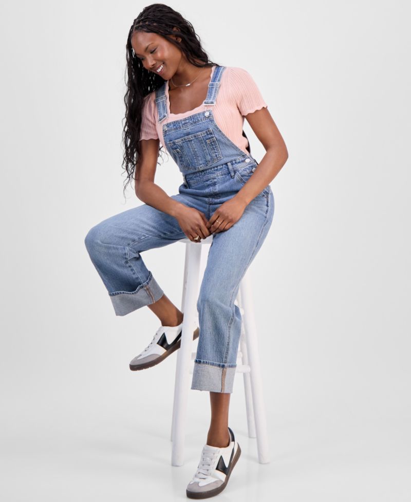 Petite Cuffed Denim Overalls
