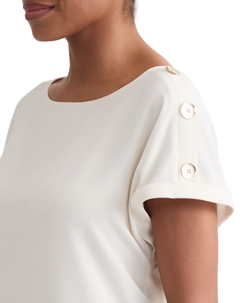 Petite Shoulder-Button-Detail Boat-Neck Short-Sleeve Blouse