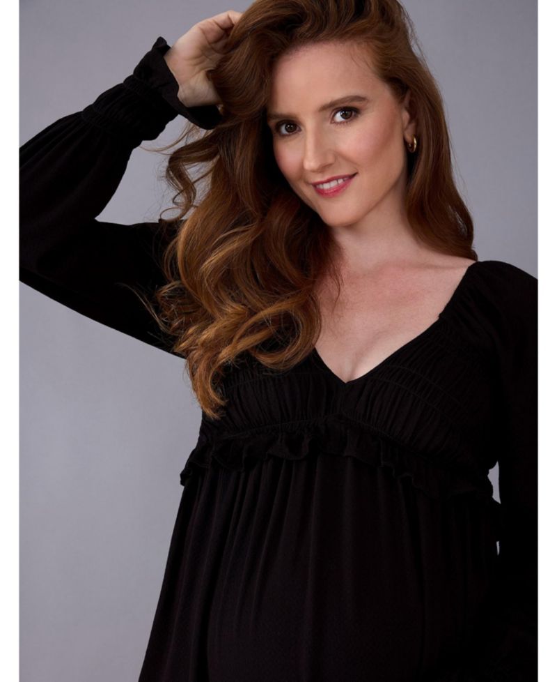 Women's Motherhood V-Neck Long Sleeve Smocked Tiered Short Dress