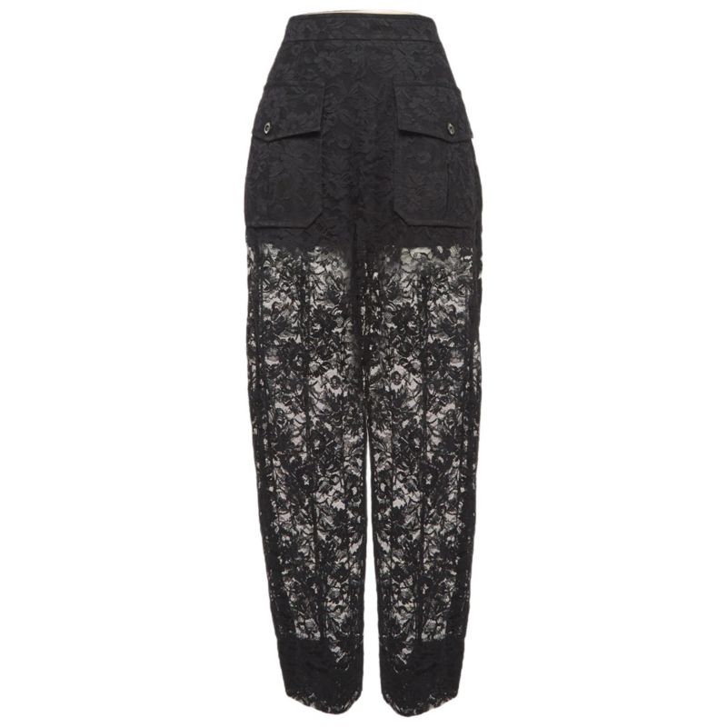 Women's Black Floral Pattern Lace Sheer Trousers