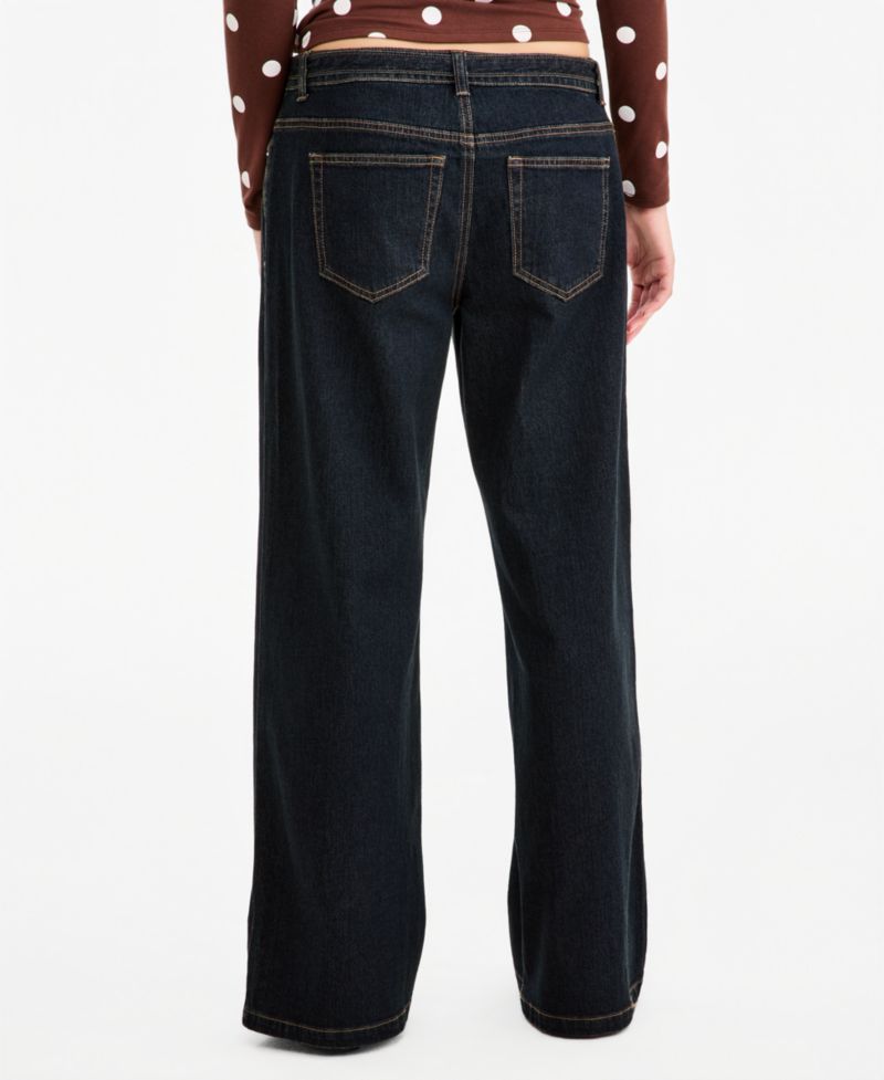Juniors' Self-Belt Dark-Rinse Wide-Leg Jeans