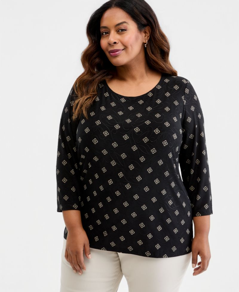 Petite Sofia Tile 3/4-Sleeve Jacquard Tee