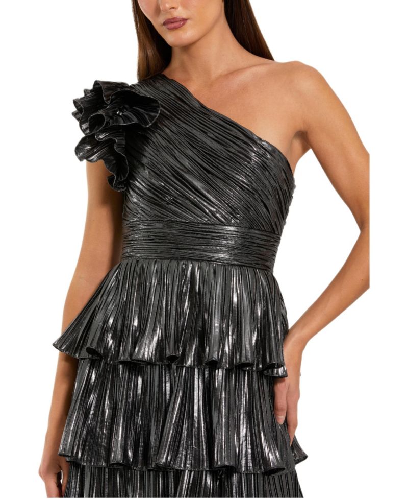 Women's Pleated Metallic Tiered Ruffle One Shoulder Gown