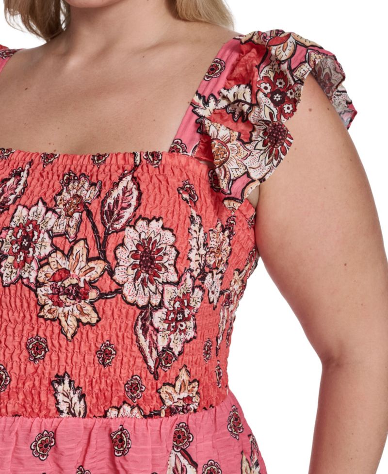 Plus Size Flutter Short-Sleeve Square Neck Midi Dress