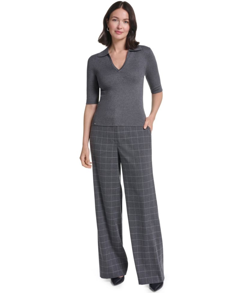 Women's Collared 3/4-Sleeve Ribbed-Knit Top