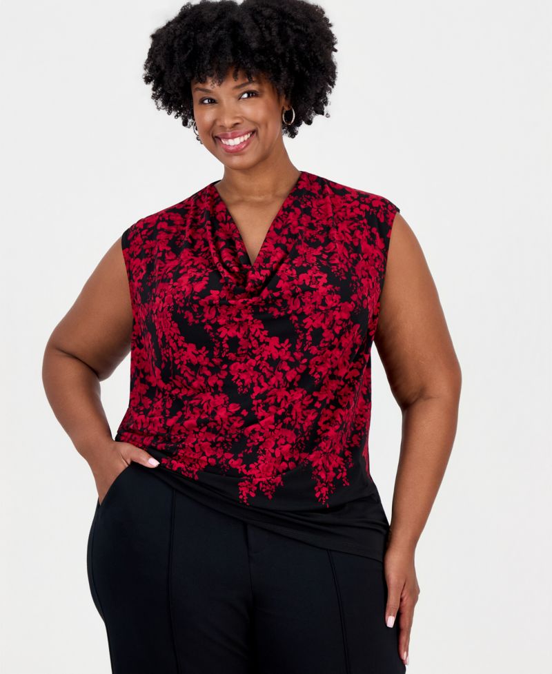 Plus Size Cowl-Neck Cap-Sleeve Floral Blouse