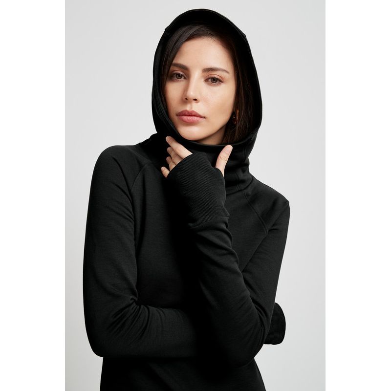 Women's Walker Hooded Midi Sweatshirt Dress with Layered Tulip Hem