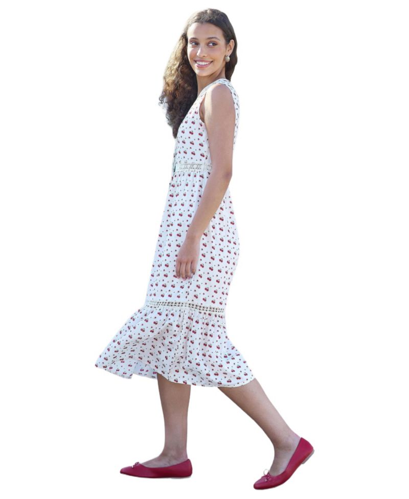 Women's Cherry Print Lace Trim Cotton Midi Dress