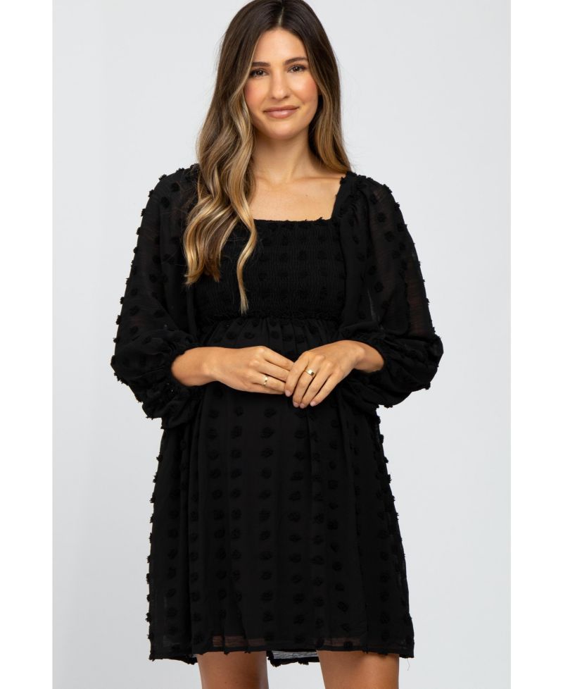 Women's Black Textured Dot Smocked Square Neck Chiffon Dress
