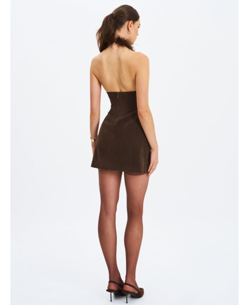 Women's Yael Espresso Suede Faux Fur Halter Mini Dress