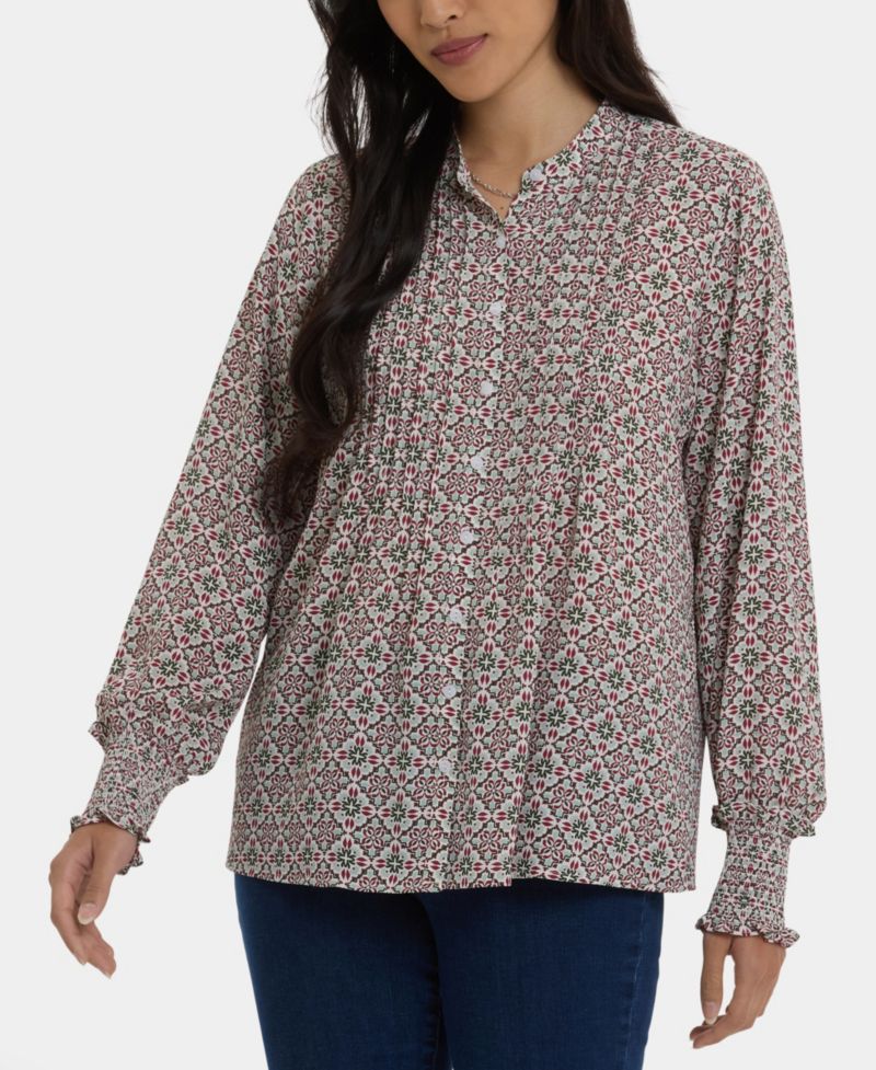 Women's Pleated Peasant Blouse Long Sleeve Top