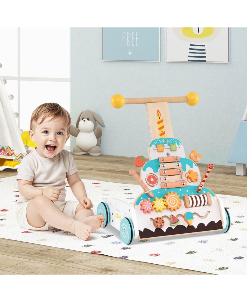 Wooden Baby Walker Ice Cream Cart Toy with Sweet Accessories Smooth