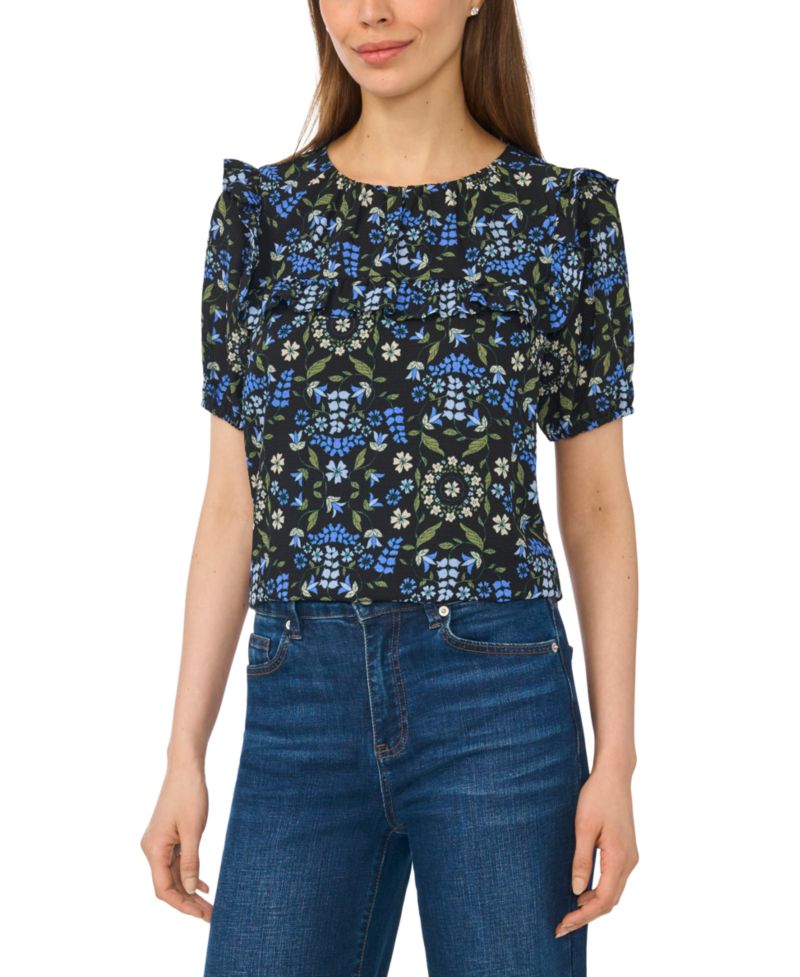 Women's Puff Sleeve Yoke Floral-Print Blouse