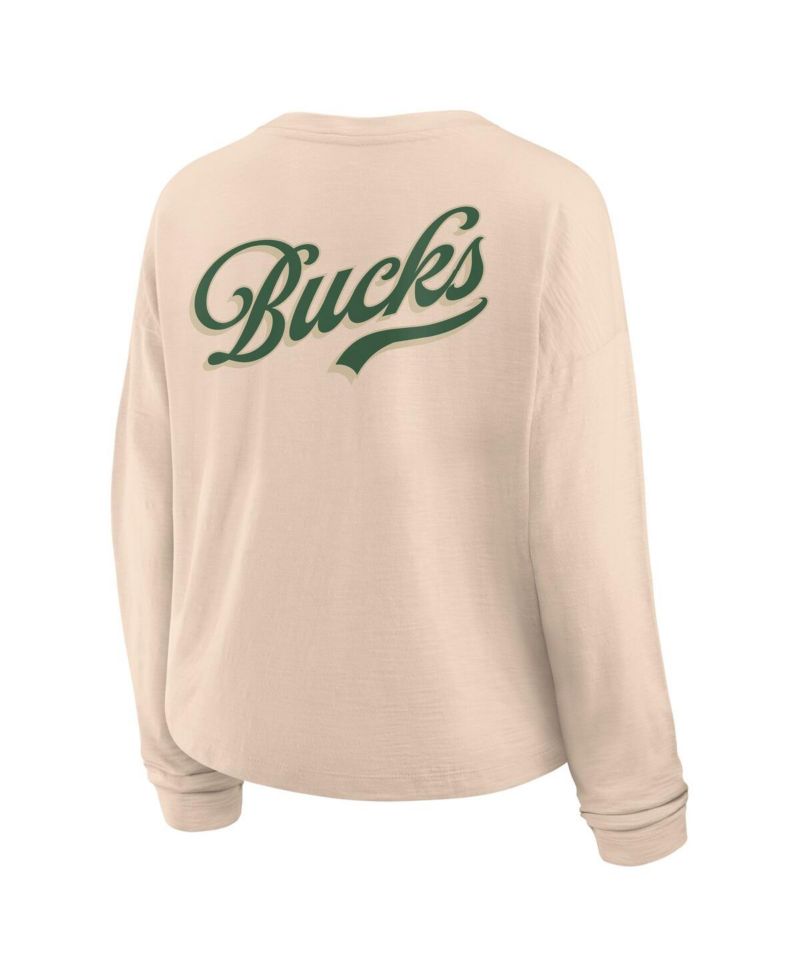 Women's Fanatics Natural Milwaukee Bucks Boxed Out Drop Fashion Long Sleeve T-Shirt