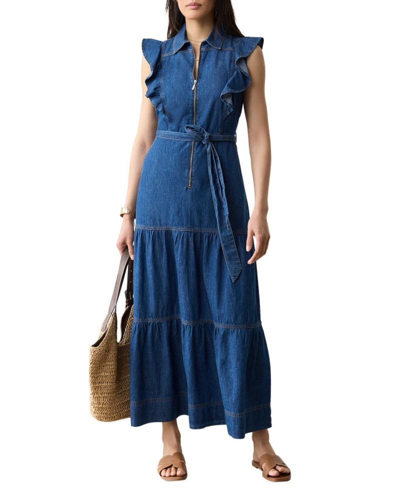 Women's Denim Ruffle Maxi Shirt Dress