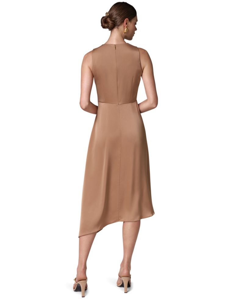 Women's Satin Draped-Waist Asymmetric-Hem Midi Dress