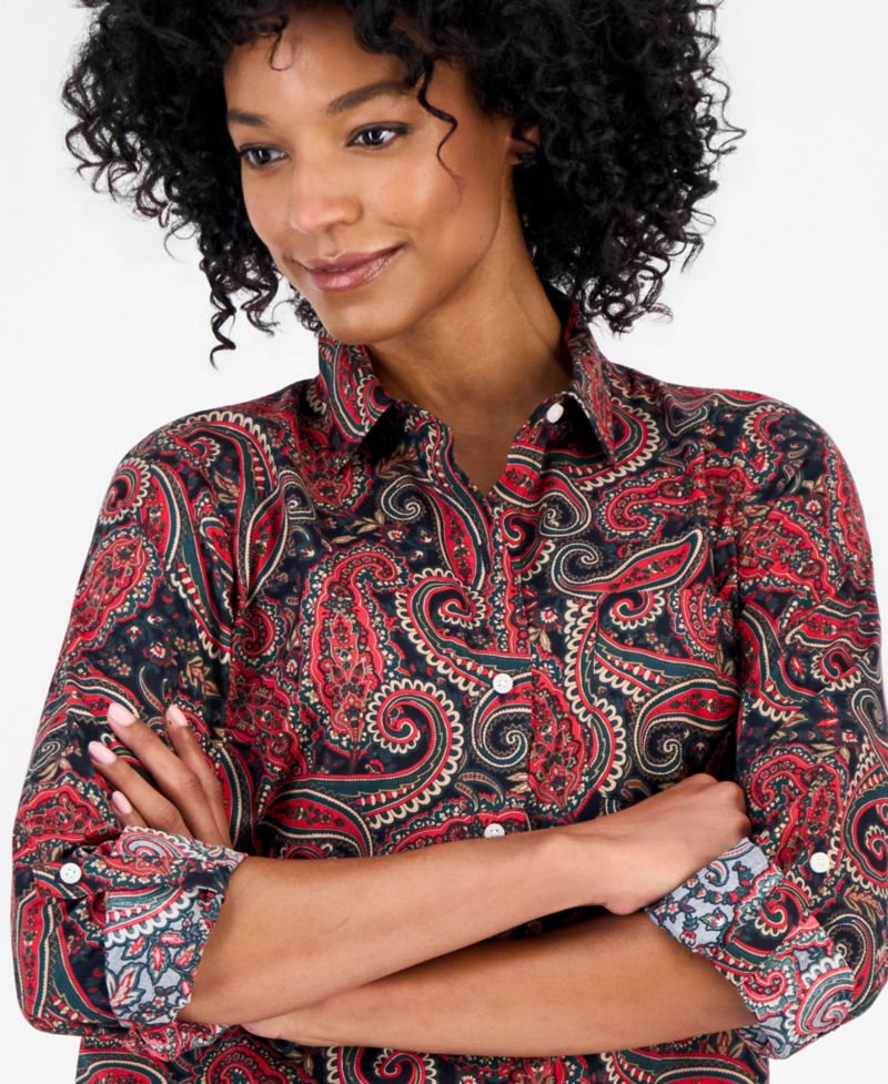 Women's Cotton Paisley Roll-Tab Shirt