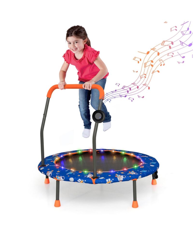 36'' Mini Toddler Trampoline w/ LED Bluetooth Speaker Detachable Handle Kids Gifts