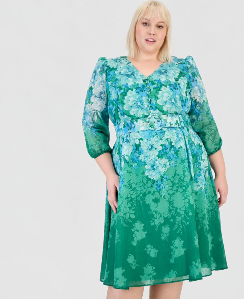 Petite Printed Long-Sleeve Belted Dress
