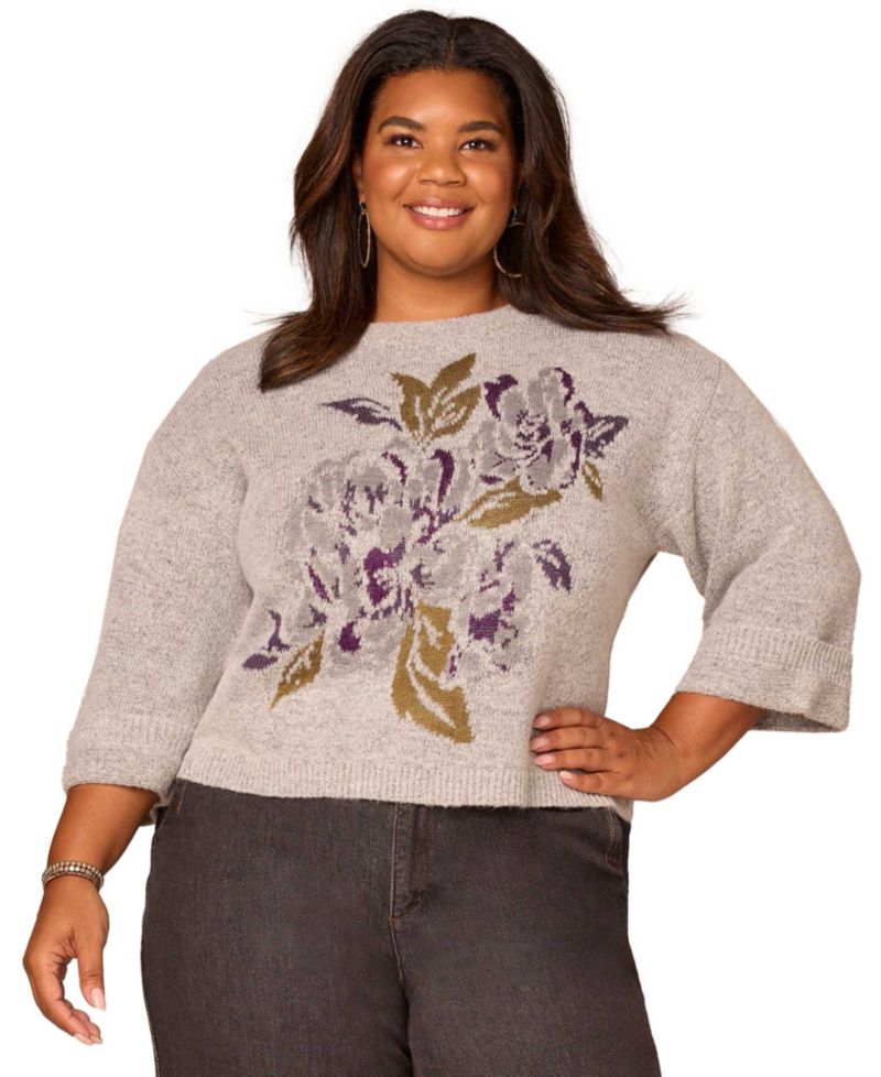 Plus Size Cuffed Long-Sleeve Floral Jacquard Sweater