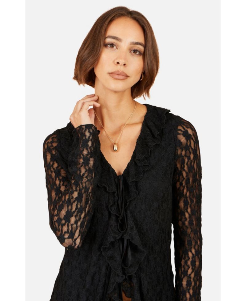Women's Ruffled Tie Neck Long-Sleeve Top