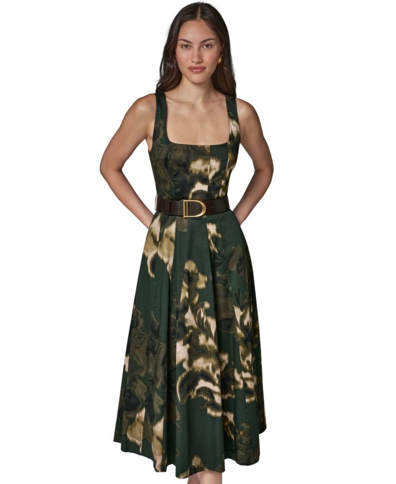 Women's Printed Square Neck Pleated Fit and Flare Dress with Belt