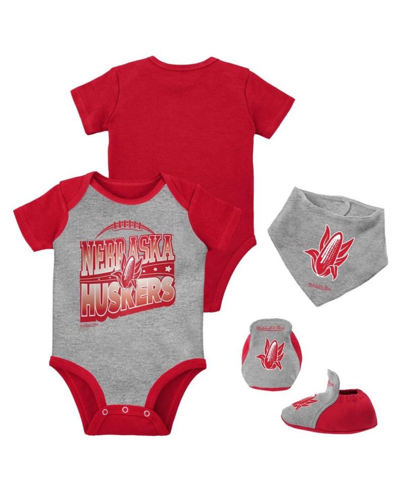 Baby Boys and Girls Scarlet, Heather Gray Nebraska Huskers 3-Pack Bodysuit, Bib and Bootie Set