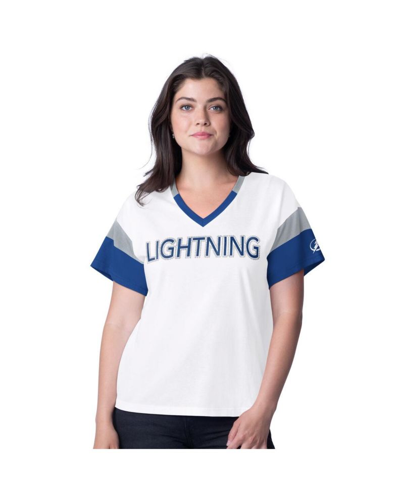 Women's White Tampa Bay Lightning Rink Oversized Rhinestone V-Neck T-Shirt