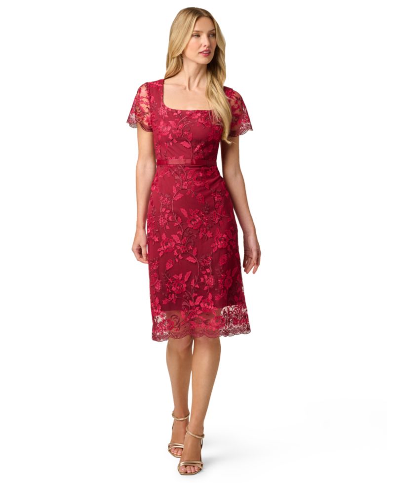 Women's Short-Sleeve Square-Neck Floral-Embroidered Dress