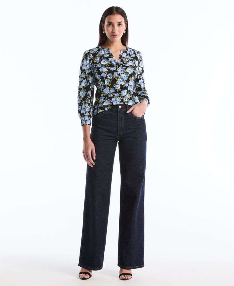 Petite Floral Print Shirred Henley Neck Top