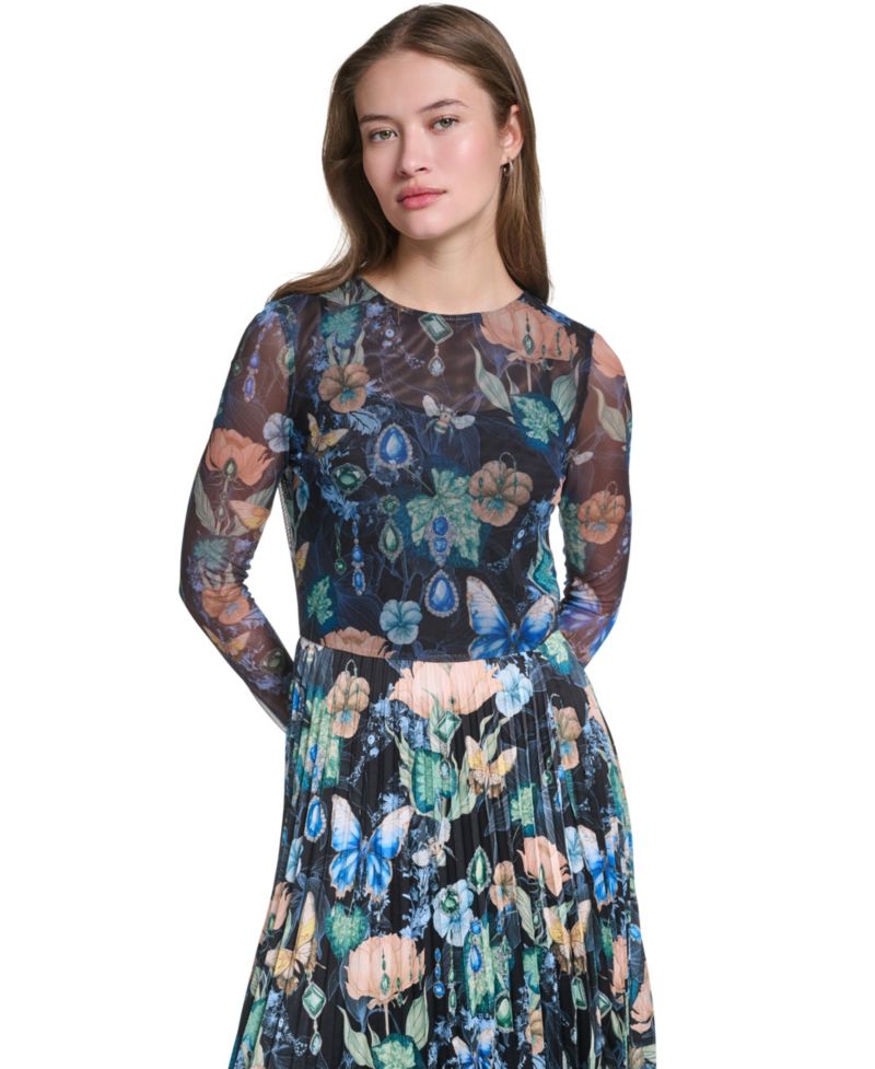 Women’s Printed Mesh Long-Sleeve Crewneck Dress