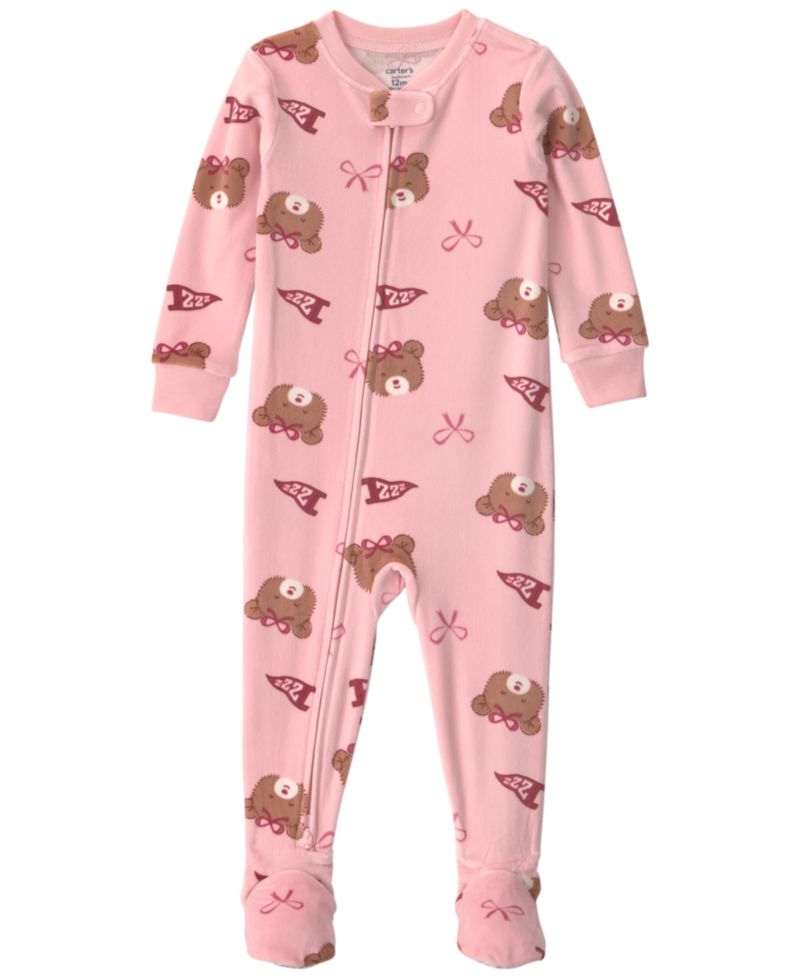 Baby Girls' Bears & Bows Snug-Fit 2-Way Zip Footed Pajamas