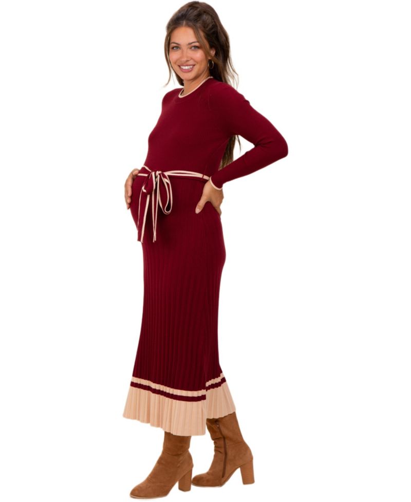 Women's Burgundy Elegant Ribbed Midi Sweater Dress With Belt