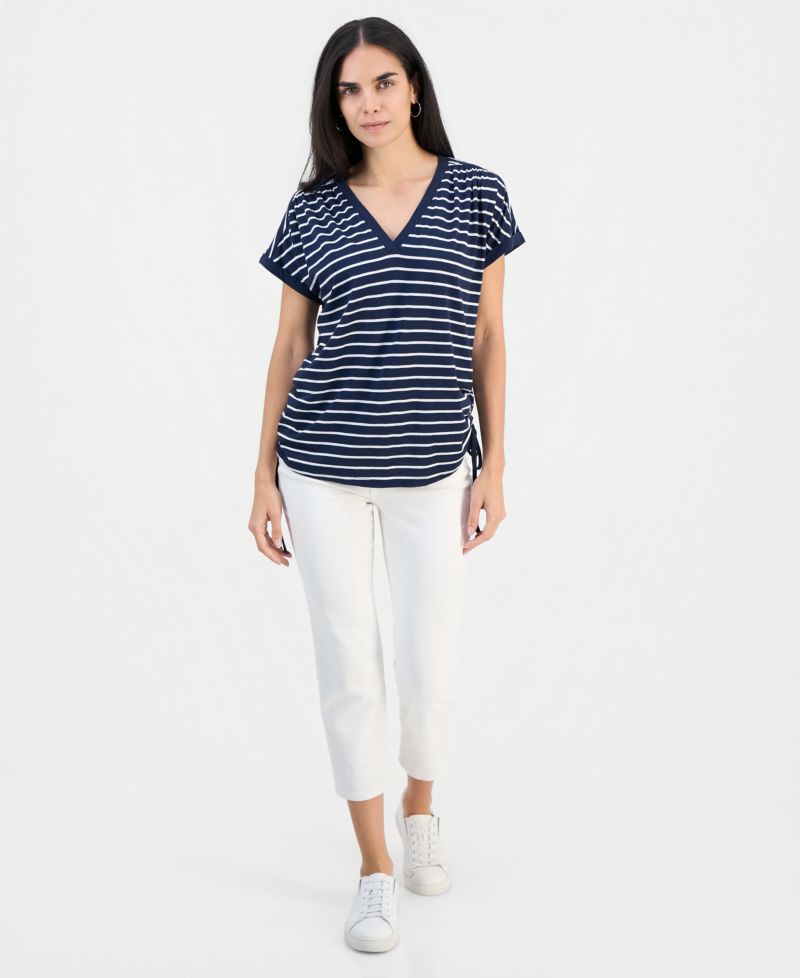 Petite Striped Ruched-Side V-Neck Top